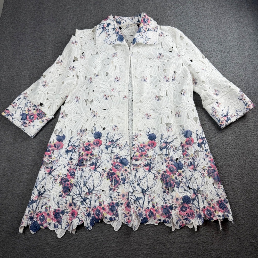 Nygard Lace Duster Jacket Womens Medium White Floral Print Open Front 3/4 Sleeve